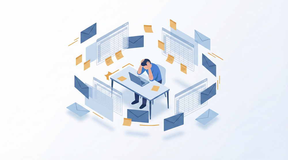 Überlasteter Schreibtisch mit manuellen Prozessen